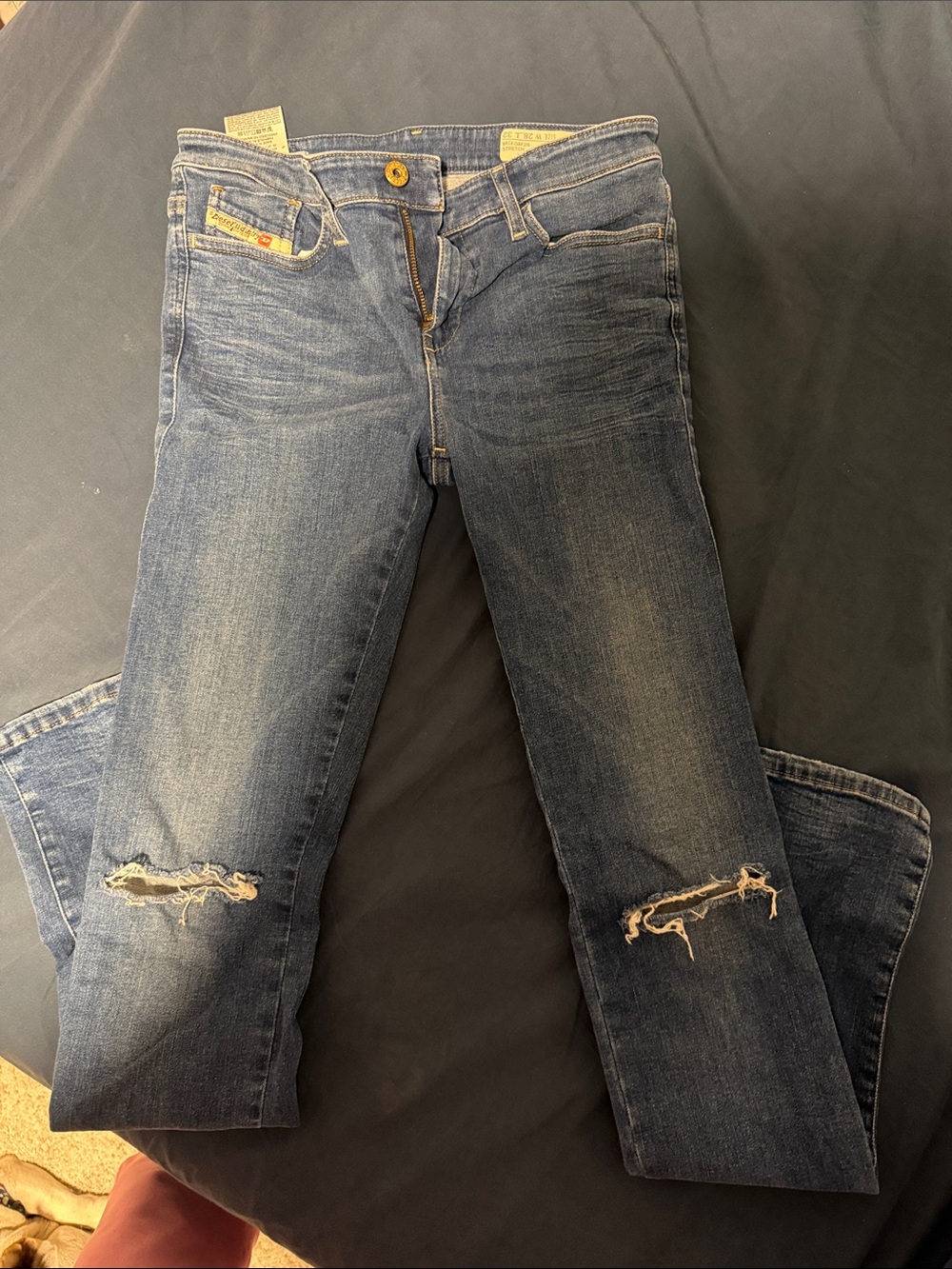Diesel Women's Skinny Jeans in Medium Blue with Knee Distress